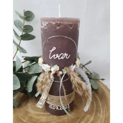 Taufkerze Rustikkerze Junge Boho-Stil - Silber-Mint mit Pampasgras