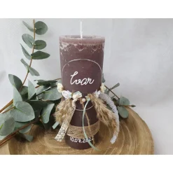 Taufkerze Rustikkerze Junge Boho-Stil - Silber-Mint mit Pampasgras