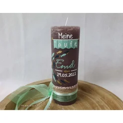 Taufkerze Rustikkerze Junge - mit Fischen Mint-Gold