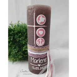 Taufkerze Rustikkerze Kreuz in altrosa-weiß