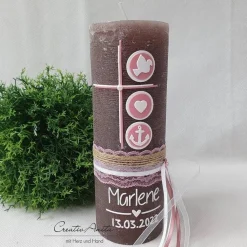 Taufkerze Rustikkerze Kreuz in altrosa-weiß