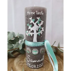 Taufkerze Rustikkerze Kreuz in mint-weiß