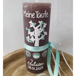 Taufkerze Rustikkerze Kreuz in mint-weiß