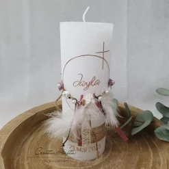 Taufkerze Rustikkerze Mädchen Boho-Stil - Weiß-Rosegold - romantisch