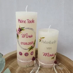 Taufkerze Rustikkerze Mädchen Blumenkreis elfenbein-beere perlmutt