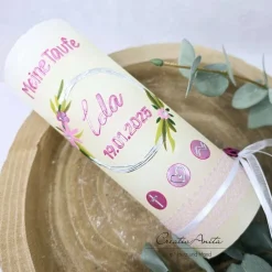 Taufkerze Rustikkerze Mädchen Blumenkreis elfenbein-beere perlmutt