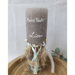 Taufkerze Rustikkerze mit Teelicht Boho-Stil mit Pampasgras MINT