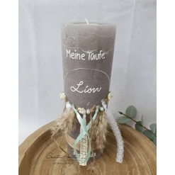 Taufkerze Rustikkerze mit Teelicht Boho-Stil mit Pampasgras MINT