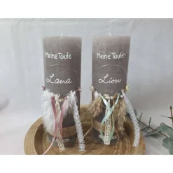 Taufkerze Rustikkerze mit Teelicht Boho-Stil mit Pampasgras MINT