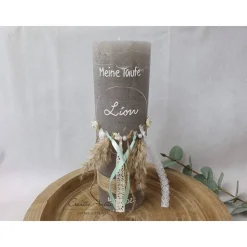 Taufkerze Rustikkerze mit Teelicht Boho-Stil mit Pampasgras MINT