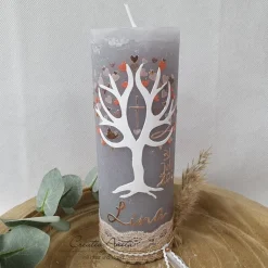 Taufkerze Rustikkerze mit Lebensbaum - Herzen in Roségold-Apricot