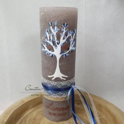 Taufkerze Rustikkerze Schlamm mit Lebensbaum und christlichen Symbolen Blau-Kupfer