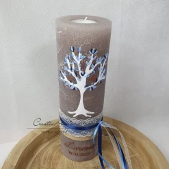 Taufkerze Rustikkerze Schlamm mit Lebensbaum und christlichen Symbolen Blau-Kupfer