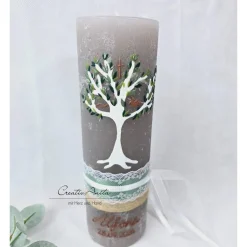 Taufkerze Rustikkerze Schlamm mit Lebensbaum und christlichen Symbolen Grün-Kupfer mit/ohne Teelichteinsatz