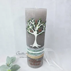 Taufkerze Rustikkerze Schlamm mit Lebensbaum und christlichen Symbolen Grün-Kupfer mit/ohne Teelichteinsatz