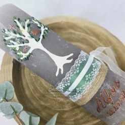 Taufkerze Rustikkerze Schlamm mit Lebensbaum und christlichen Symbolen Grün-Kupfer mit/ohne Teelichteinsatz