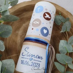 Taufkerze Rustikkerze Weiß verziert mit Kreisen und christlichen Symbolen