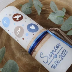 Taufkerze Rustikkerze Weiß verziert mit Kreisen und christlichen Symbolen