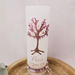 Taufkerze Rustikkerze Weiß mit Lebensbaum und christlichen Symbolen Roségold, Metallic Braun, Altrosa