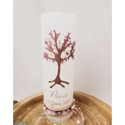 Taufkerze Rustikkerze Weiß mit Lebensbaum und christlichen Symbolen Roségold, Metallic Braun, Altrosa