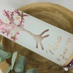 Taufkerze Rustikkerze Weiß mit Lebensbaum und christlichen Symbolen Roségold, Metallic Braun, Altrosa