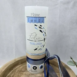 Taufkerze Rustikkerze weiß mit/ohne Teelichteinsatz - Junge - mit Fische in Hellblau-Silber