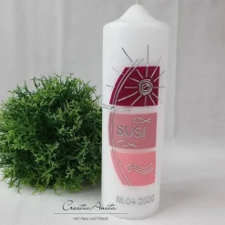 Taufkerze SONNE - Christlich in Altrosa-Beere - personalisiert