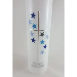 Taufkerze Sterne blau / grau, schlicht, für Jungs und Mädchen, 25 x 6 cm