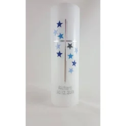 Taufkerze Sterne blau / grau, schlicht, für Jungs und Mädchen, 25 x 6 cm