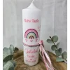 Taufkerze weiß-beere glatt verziert mit Regenbogen Herzen und christlichen Symbolen