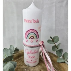 Taufkerze weiß-beere glatt verziert mit Regenbogen Herzen und christlichen Symbolen
