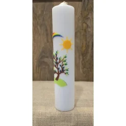 Taufkerze 30x6 - "Regenbogen - Sonne -Baum"
