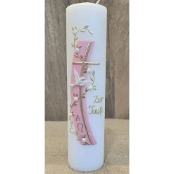 Taufkerze 25x6 mit goldener Schrift in zwei Farben