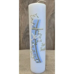 Taufkerze 25x6 mit goldener Schrift in zwei Farben