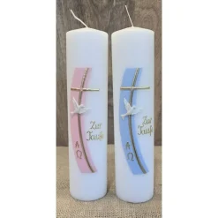 Taufkerze 25x6 mit goldener Schrift in zwei Farben erhältlich