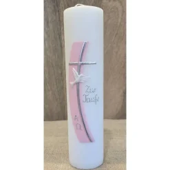 Taufkerze 25x6 mit silberner Schrift in zwei Farben