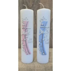 Taufkerze 25x6 mit silberner Schrift in zwei Farben