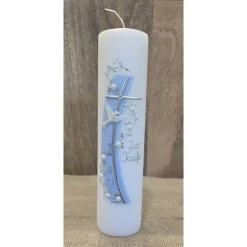 Taufkerze 25x6 mit silberner Schrift in zwei Farben