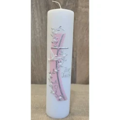 Taufkerze 25x6 mit silberner Schrift in zwei Farben