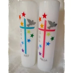 Taufkerzen für Geschwister, Zwillinge, mit Sternen, Regenbogen