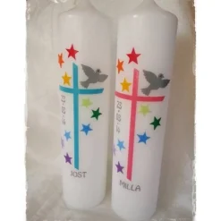 Taufkerzen für Geschwister, Zwillinge, mit Sternen, Regenbogen