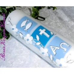 Taufkerzen-SET  * JOHN *  1 TAUFKERZE + 6x GASTGESCHENKE-KERZEN * CHRISTLICHE SYMBOLE * BLAU FÜR BUBEN *