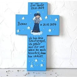 Taufkreuz für Jungen personalisiert – Handbemaltes Holzkreuz mit Taufspruch, individuelles Taufgeschenk