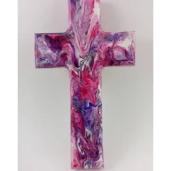 Taufkreuz Geschenk Geschenkidee Weihnachten Taufe Kommunion Geburtstag Acrylic Pouring lila rosa pink Unikat