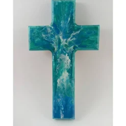 Taufkreuz Geschenk Geschenkidee Weihnachten Taufe Kommunion Geburtstag Acrylic Pouring türkis blau weiß Unikat