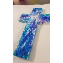 Taufkreuz Geschenk Geschenkidee Weihnachten Taufe Kommunion Geburtstag Acrylic Pouring lila blau weiß Unikat