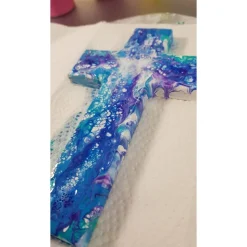 Taufkreuz Geschenk Geschenkidee Weihnachten Taufe Kommunion Geburtstag Acrylic Pouring lila blau weiß Unikat