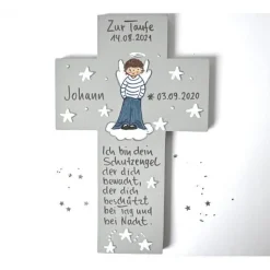 Taufkreuz Holz Jungen – Personalisiertes Kinderkreuz Schutzengelkreuz Geschenk bemalt