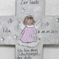 Taufkreuz Mädchen | Personalisiertes Kinderkreuz Schutzengel silbergrau-weiß | Handgemachtes Patengeschenk