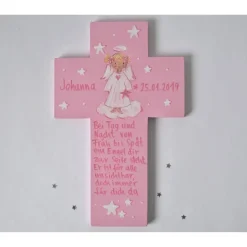Taufkreuz Mädchen mit Name – Handbemaltes Schutzengelkreuz aus Holz | Personalisiertes Taufgeschenk